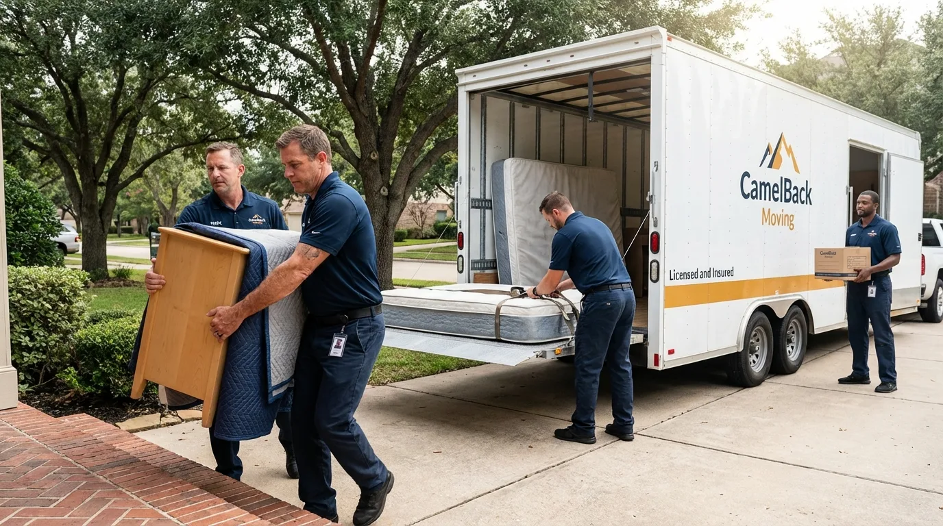 Crew loading residential truck for cross-state move from Portland, IN
