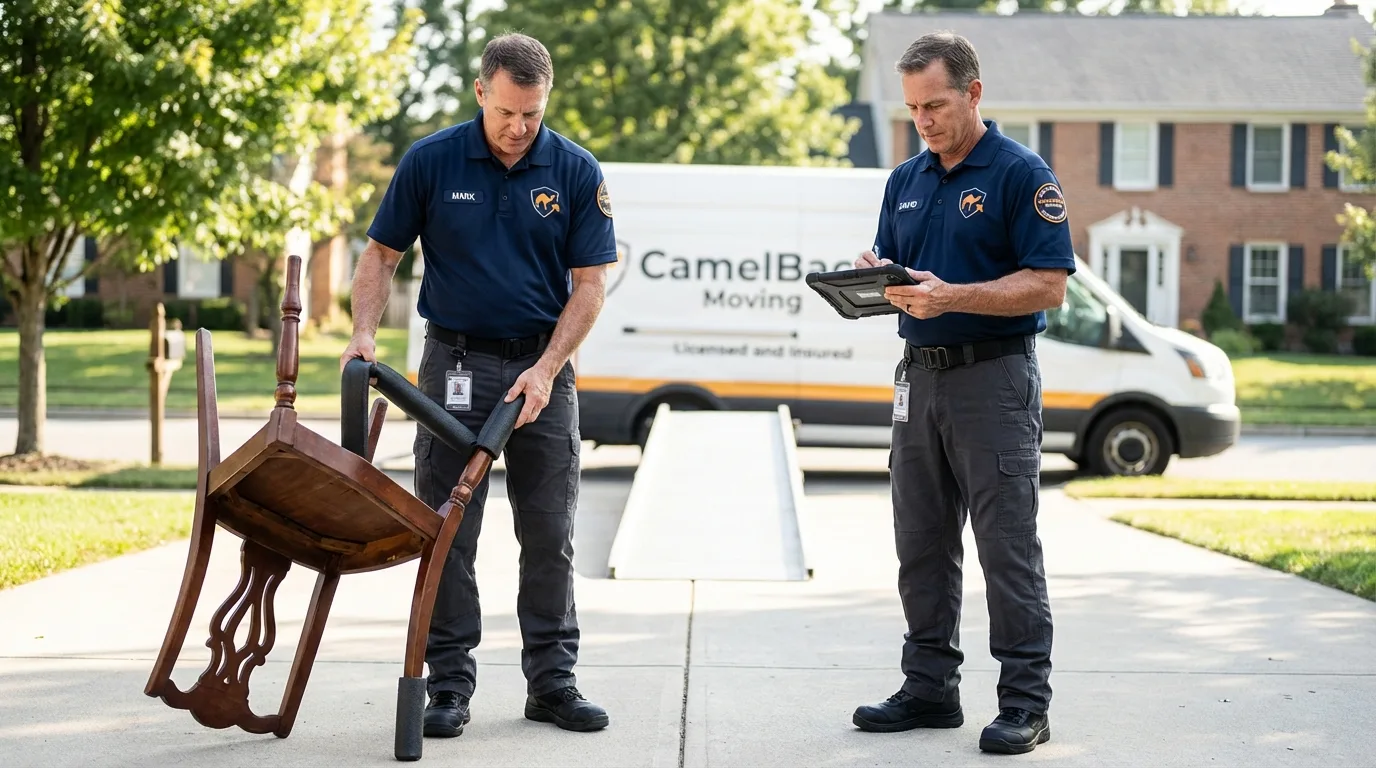Movers inspecting furniture for damage prevention before loading in Portland, IN