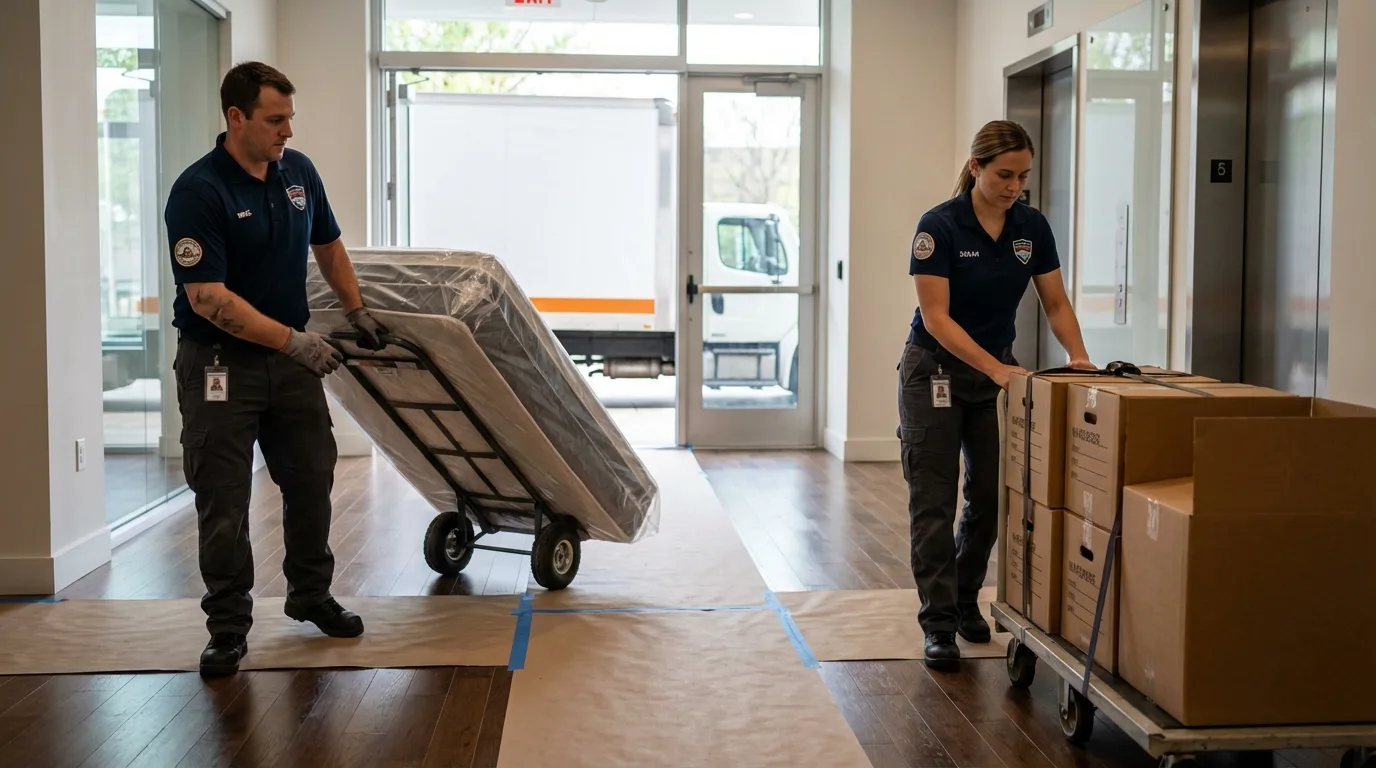 Professional apartment movers loading elevator in Portland, IN
